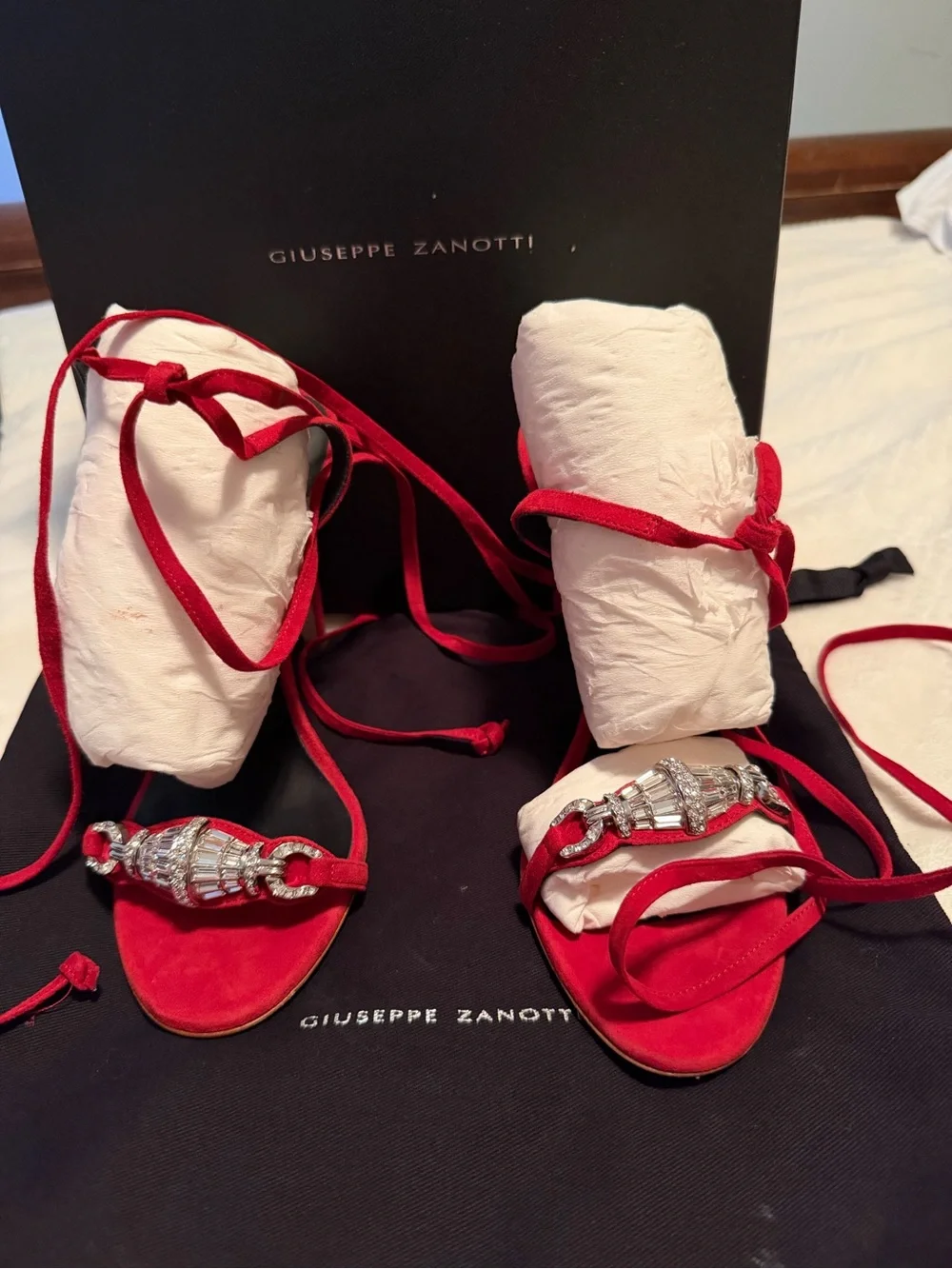 Giuseppe Zanotti Red Suede Crystal-Embellished Lace-Up Heels